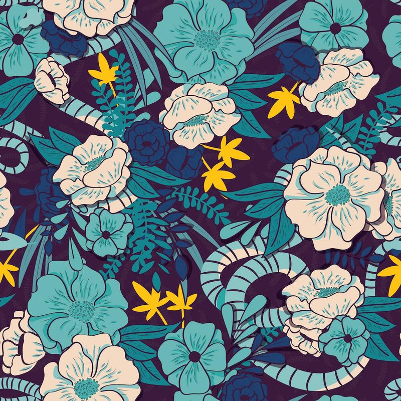 Flower And Floral Pattern On Purple With Blue And Yellow Decoration Square