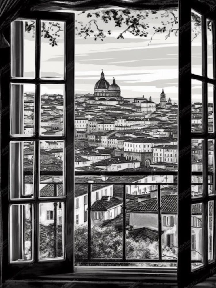 A Window View Of Florence In The Style Of Black And White  Line Art 1