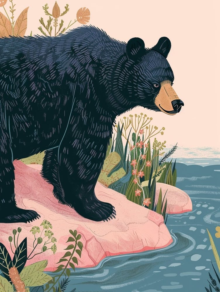American Black Bear Standing On A Riverbank Storybook Illustration 4