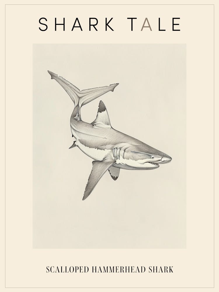 Scalloped Hammerhead Shark Vintage Pencil Illustration Poster