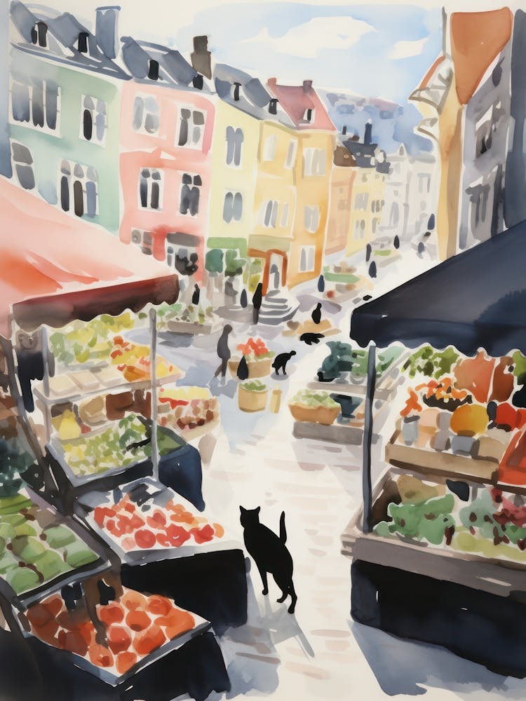 Food Market With Cats In Stockholm 2 Watercolour