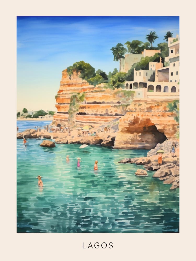 Swimming In Lagos Portugal Watercolour Poster