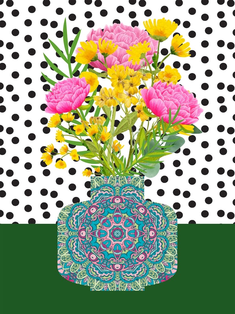 Pink Dahlias in Patterned Vase