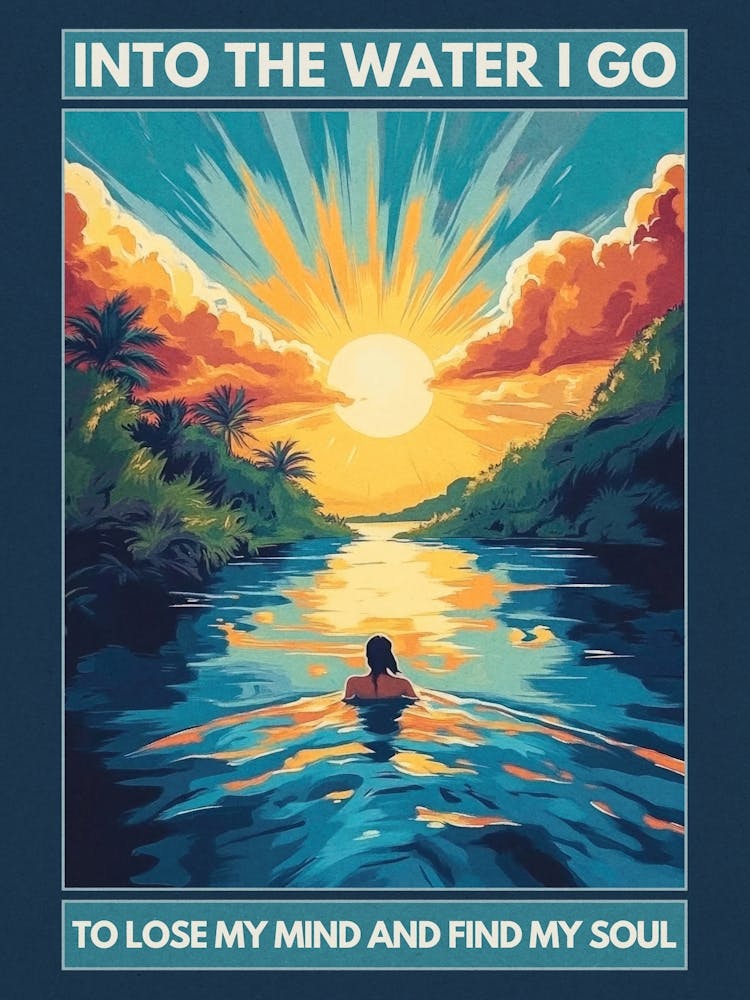 Into the water I go to lose my mind and find my soul swimmer in Sunset, wanderlust aesthetic artwork in blues and golds in the style of vintage travel posters for nature lovers, landscape wall art for bathrooms, coastal decor and calm spaces 7