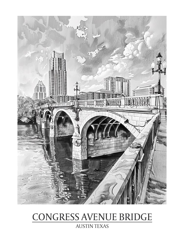 Congress Avenue Bridge Austin Texas Dessin Noir et Blanc 3 Affiche
