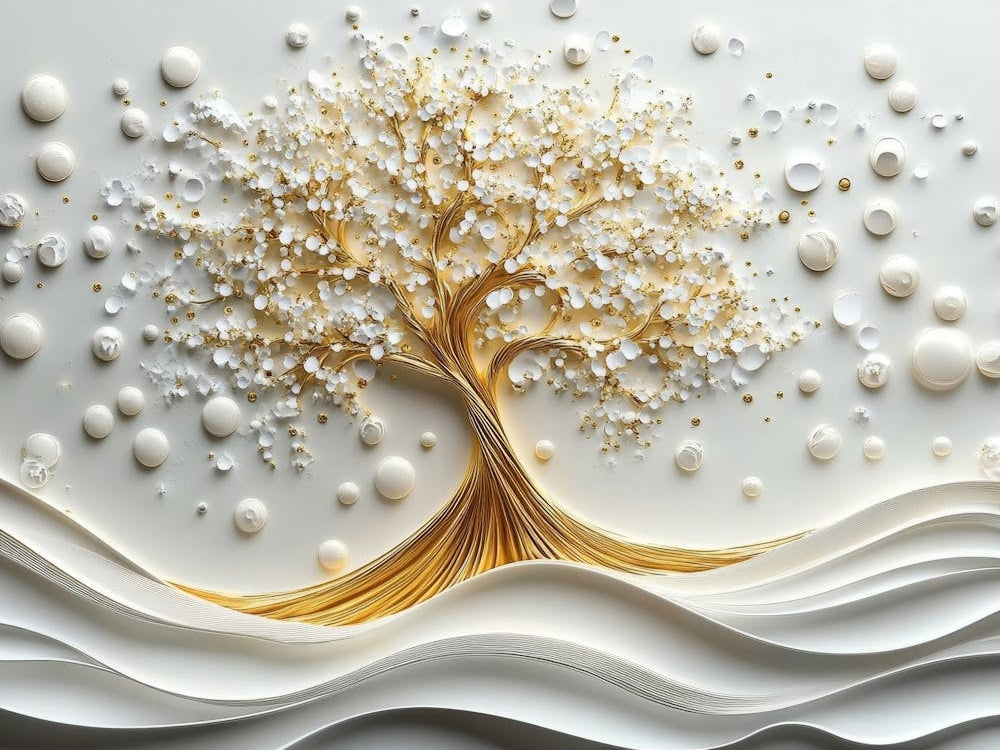 3d Art White and Gold Tree Life, 3d Gold Tree and White Circles