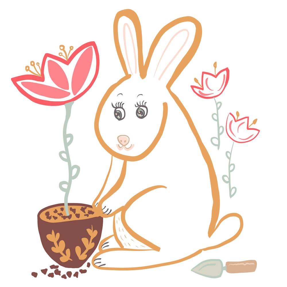Bunny rabbit gardening flower potting character growing tulips