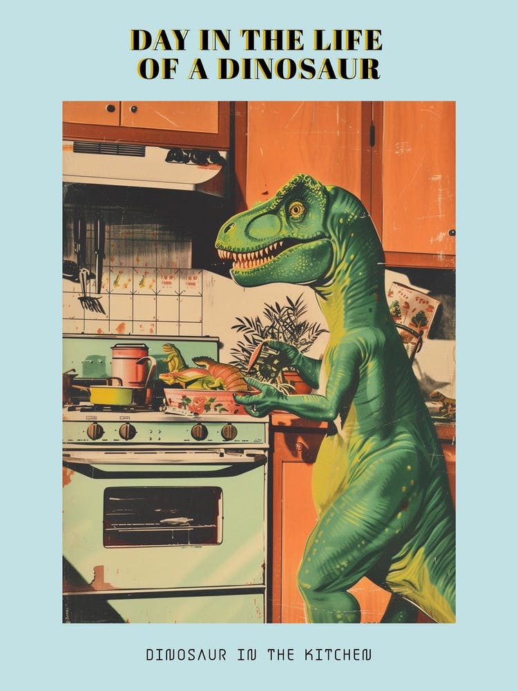 Dinosaur In The Kitchen Retro Abstract Collage 2 Poster