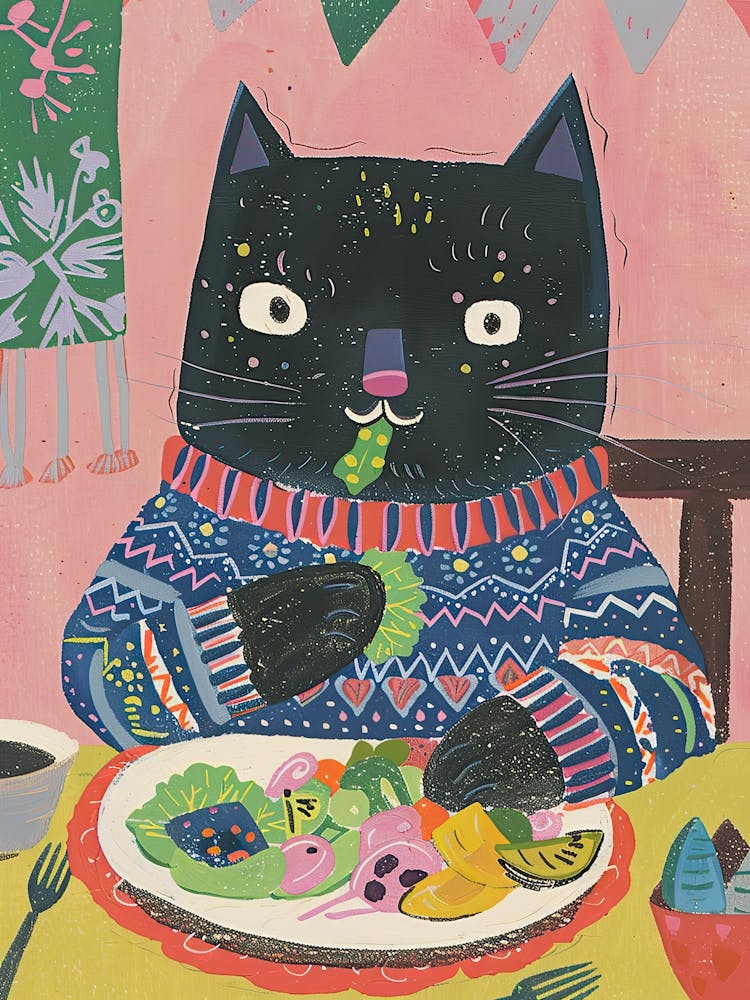 Black Cat Eating Salad Folk Illustration 2