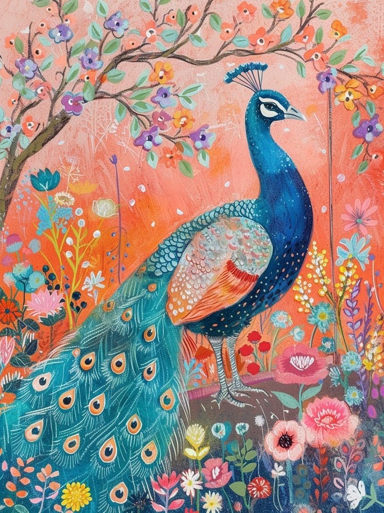 Red Peacock In The Meadow Floral Illustration
