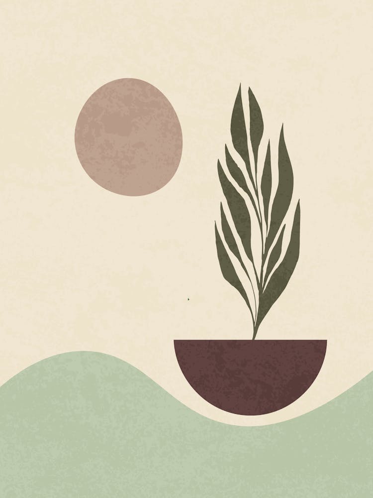 Minimalist Plant Silhouette with Textured Sun