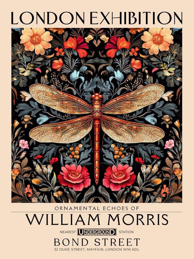 William Morris Dragonfly and floral artwork, insect and flower pattern vintage Botanical print for cottagecore, maximalist decor,floral tapestry Victorian nature illustration bedroom vintage decor 20