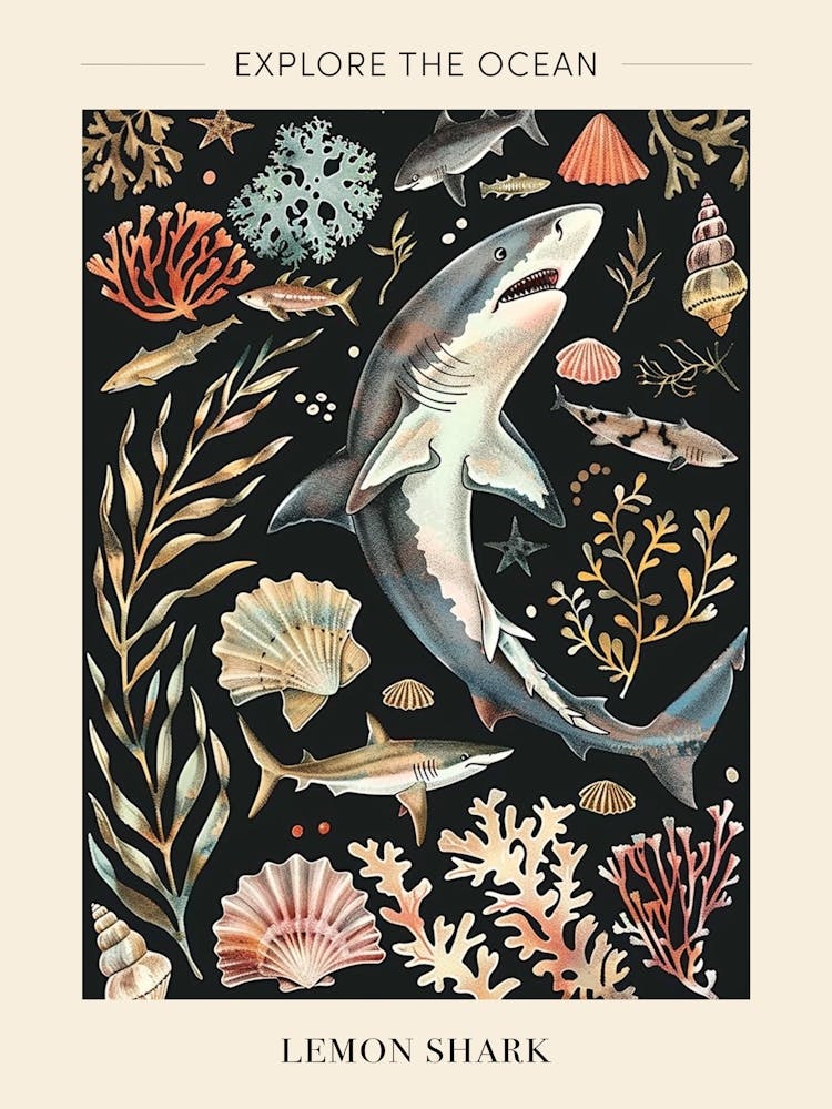 Lemon Shark Seascape Black Background Illustration 1 Poster