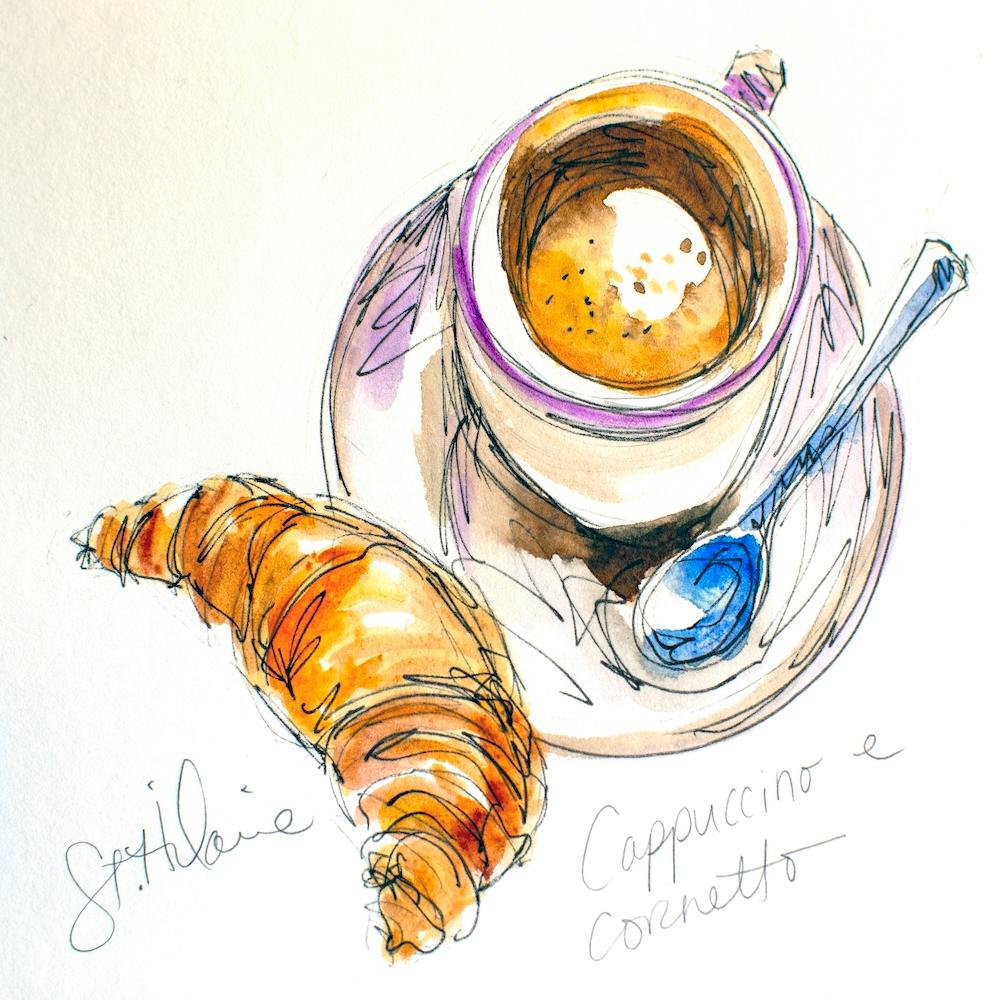 Watercolor Sketch Cappuccino E Cornetto Square