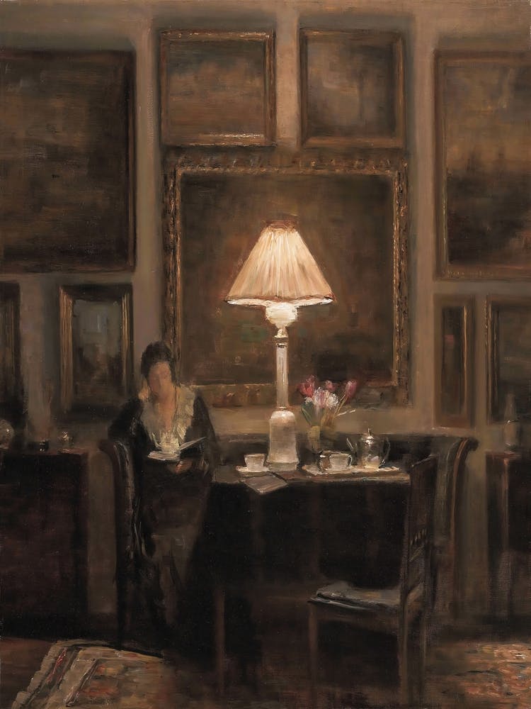 woman reading a book vintage poster