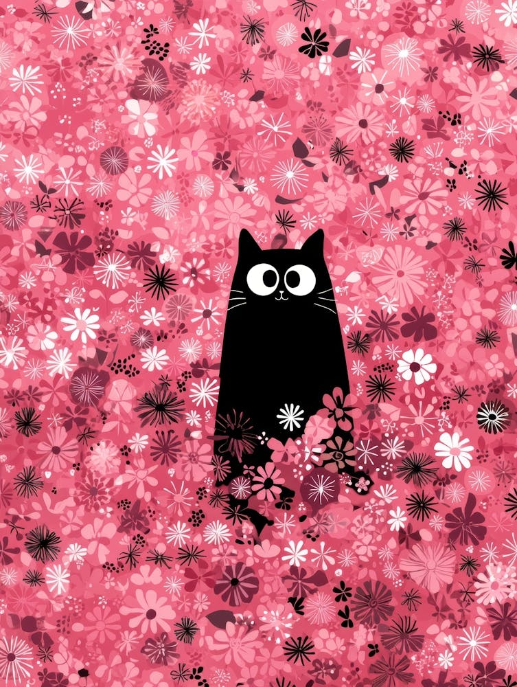 Black Cat In Pink Flowers 4