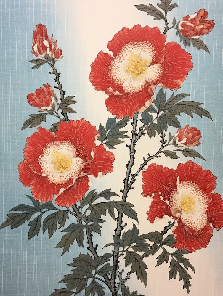 Botan Peony Vintage Botanical Woodblock