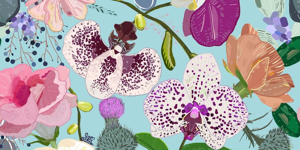 Orchid, Succulent And Roses Colorful Pattern