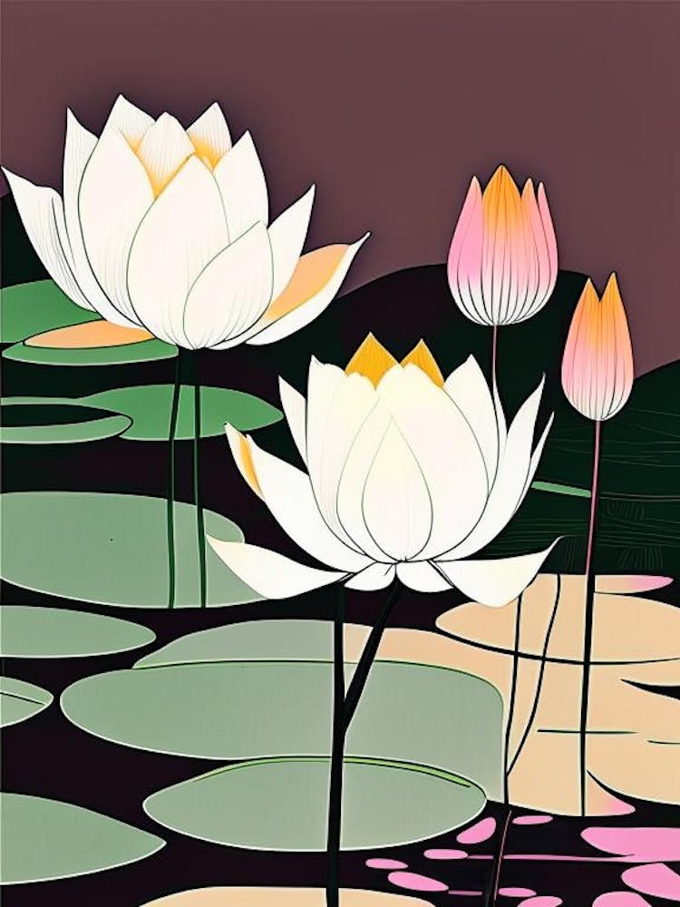 Lotus Flowers In Park Abstract Line Drawing 2