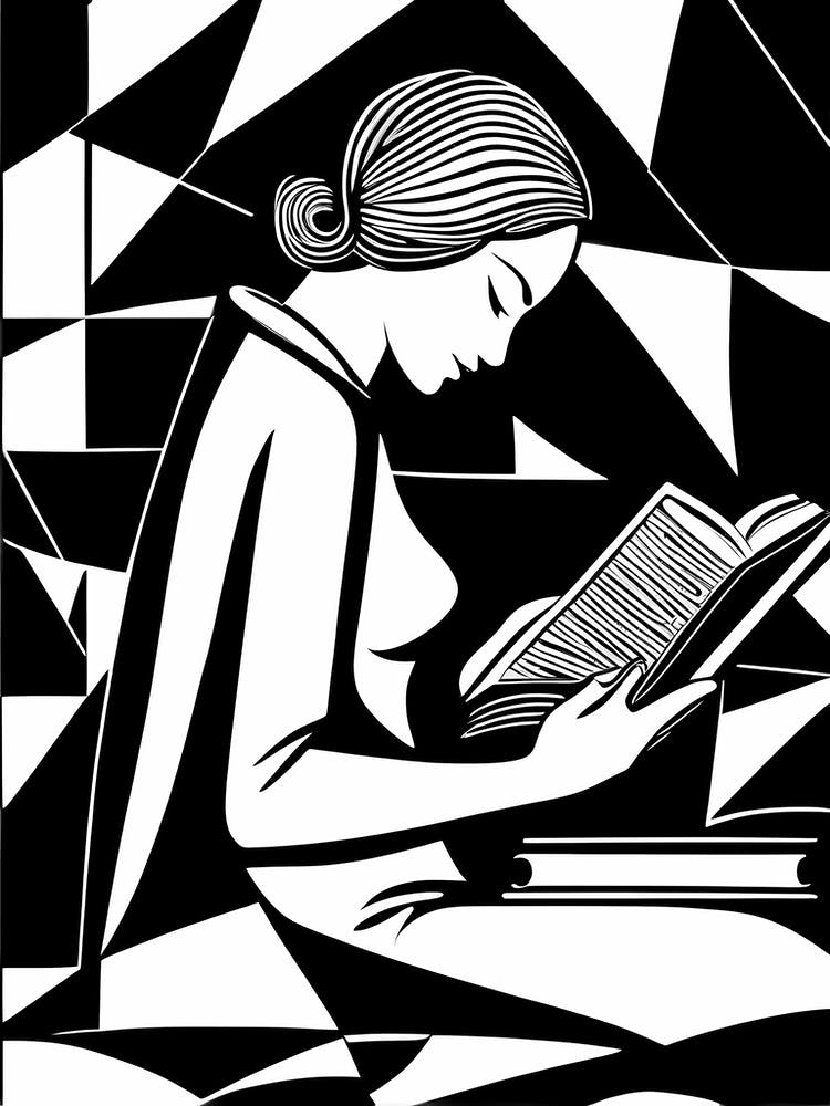 Reading A Book Linocut Black And White Painting, 318