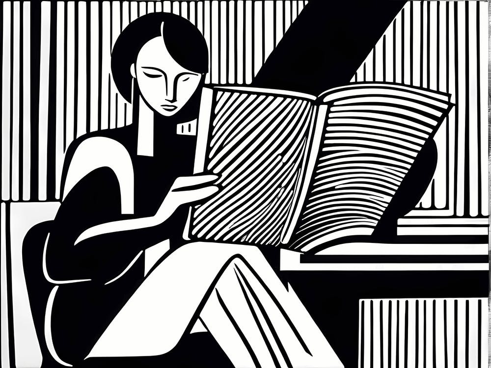 Just a girl who loves to read, Lion cut inspired Black and white Stylized portrait of a Woman reading a book, reading art, book worm, Reading girl 170
