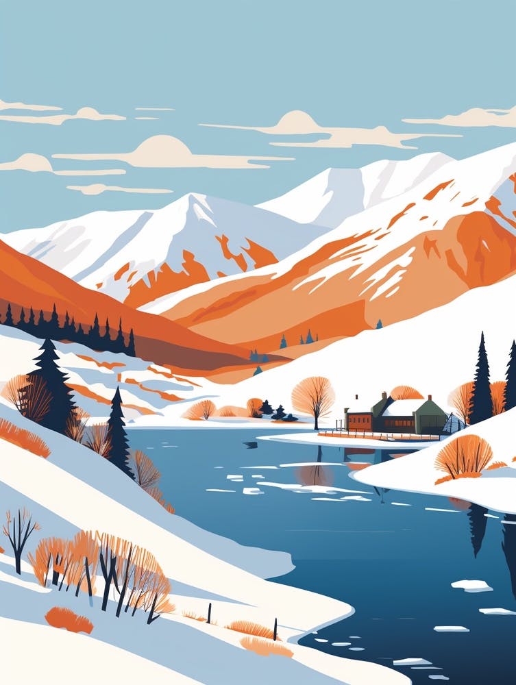 Retro Winter Illustration Lake District United Kingdom 3