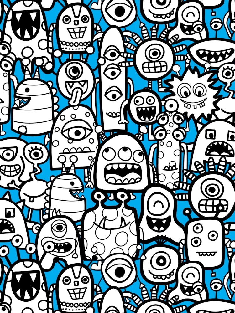 Cute Clusters of Monsters and Aliens Blue, Black and White Kids