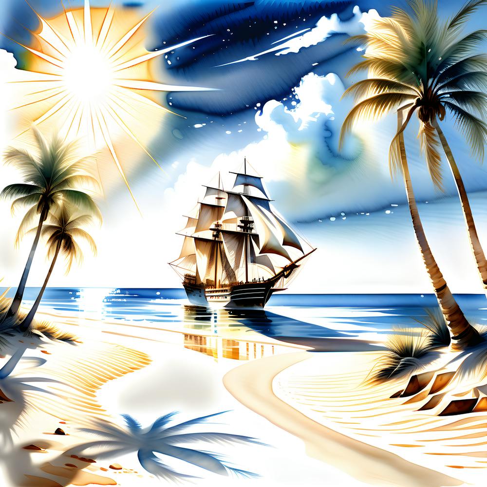 A Watercolor Painting Of A Beach Populated With Palm Trees Casting Elongated Shadows