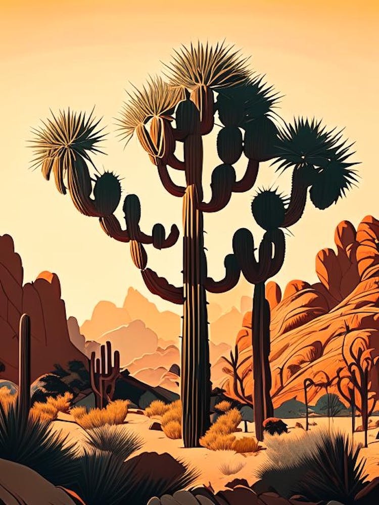 Joshua Trees In Mountains Retro Illustration (1)