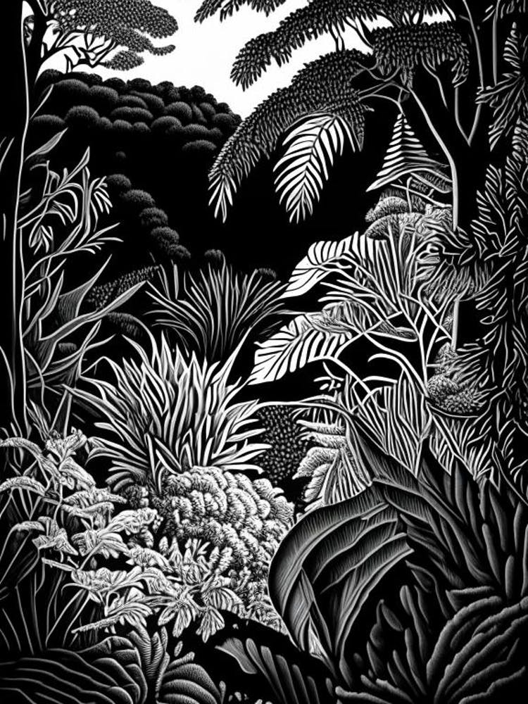 Wellington Botanic Garden, New Zealand Linocut Black And White Vintage