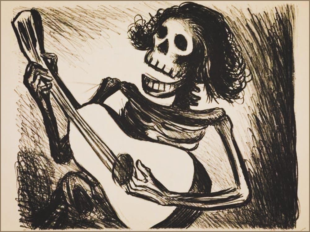 Skeleton 'Calavera' Playing Guitar - 1938 Vintage Sketch by Mexican Graphic Designer Leopoldo Mendez - Witchy Gothic Funny Cool Skull Art Witchcore Dark Aesthetic Remastered High Definition Collectable Gallery 1