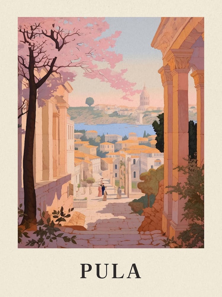 Pula Croatia 1 Vintage Pink Travel Illustration Poster