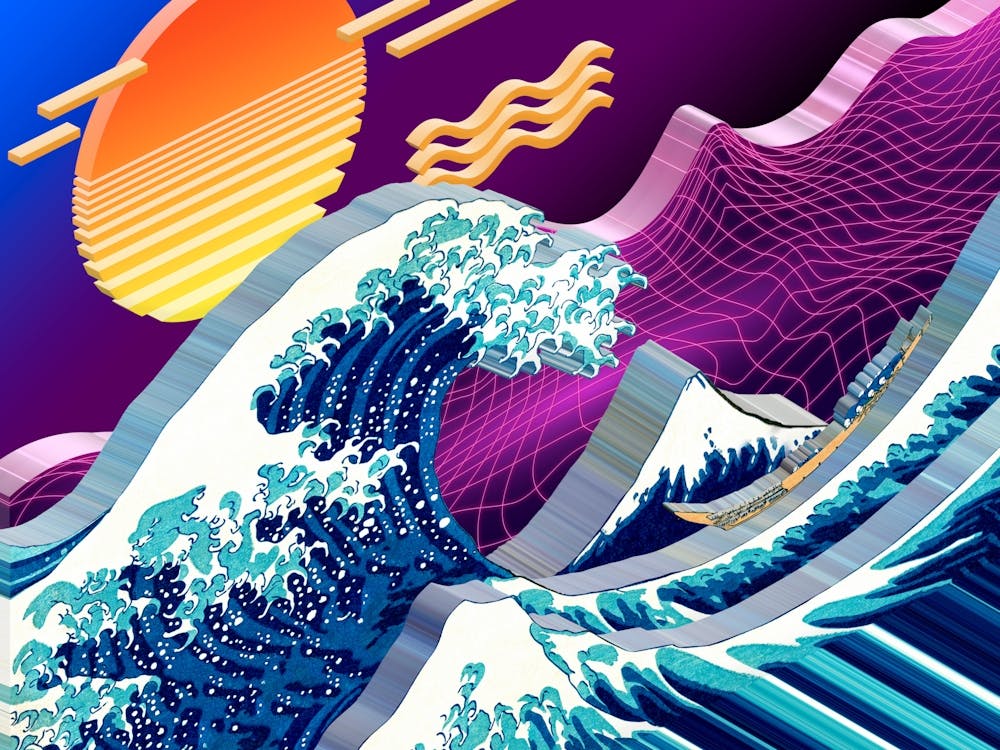 Isometric Synthwave: The Great Wave off Kanagawa [synthwave/vaporwave/cyberpunk] — aesthetic poster, retrowave poster, neon poster, Katsushika Hokusai, ukiyo-e, ukiyoe