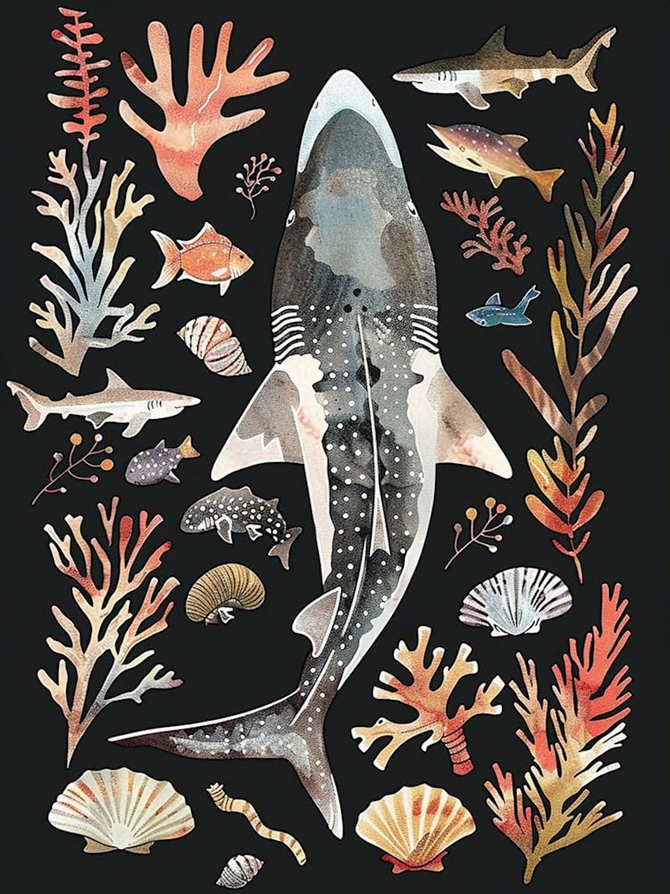White Tip Reef Shark Seascape Black Background Illustration 2