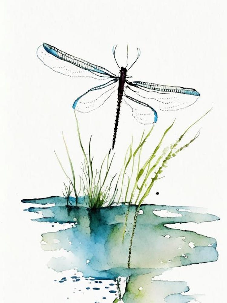 Dragonfly On Pond Minimalist Watercolour 1