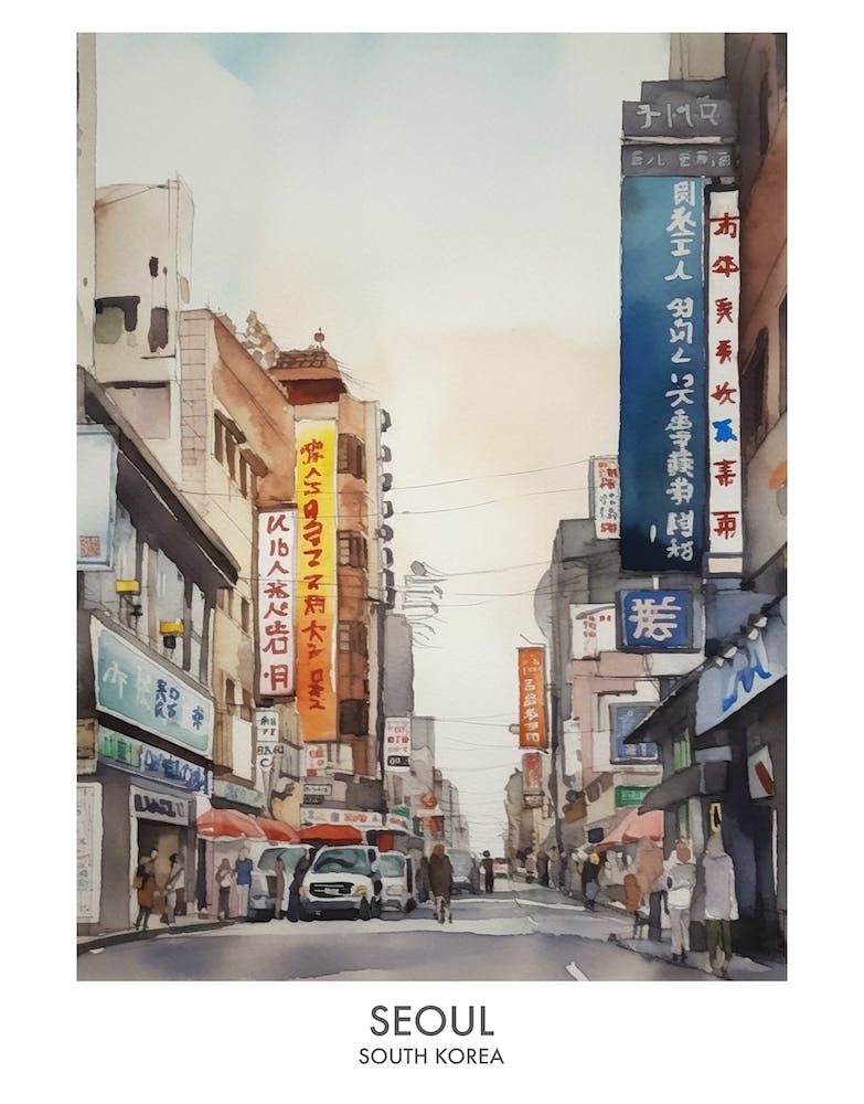 Seoul 3 Watercolour Travel Poster