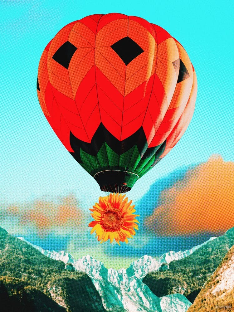 Collage Art Hot Air Balloon Red In Blue