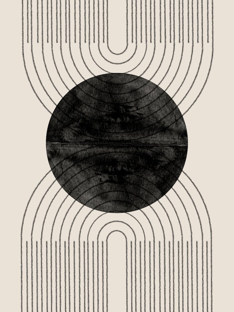 Watercolor Sun, Neutral Line Art, Beige and Black Minimalist Graphic, Modern Poster