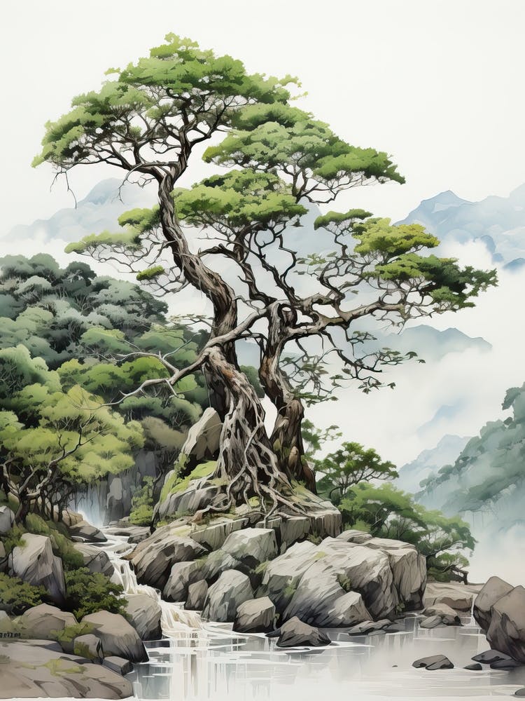 Yakushima Island In Kagoshima, Japanese Brush Painting, Ukiyo E, Minimal 2