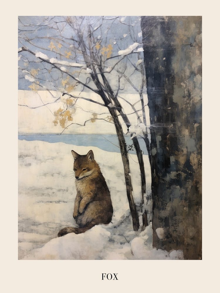 Vintage Winter Animal Painting Poster Fox 3