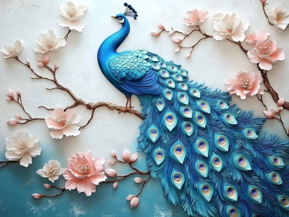 3d Artwork Background Blue Peacock On Branch Art With Flowers 2