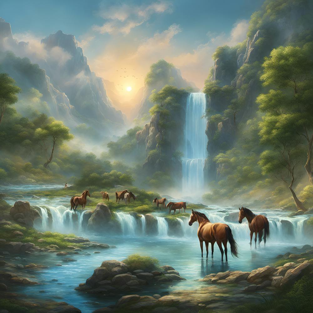 Horses By The Waterfall