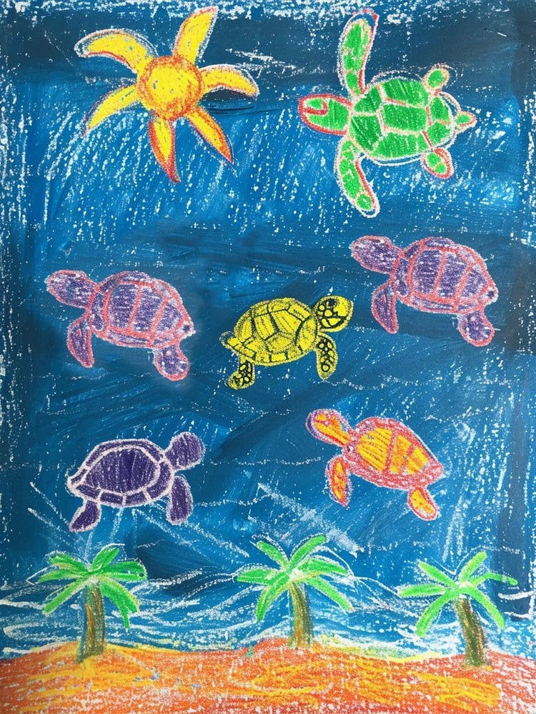 Sea Turtle Palm Tree Scribble Pattern 