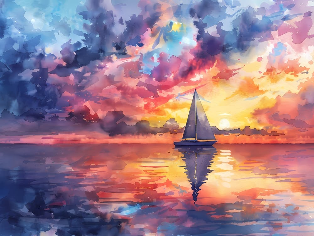 Watercolor Sailboat At Sunset 10