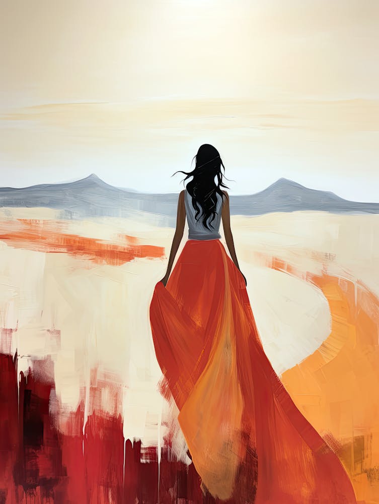 Woman Walking In The Desert, Boho Art Style