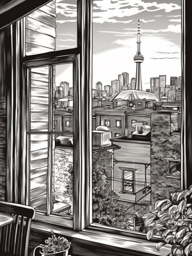 Window View Of Toronto Canada   Black And White Colouring Pages Line Art 2