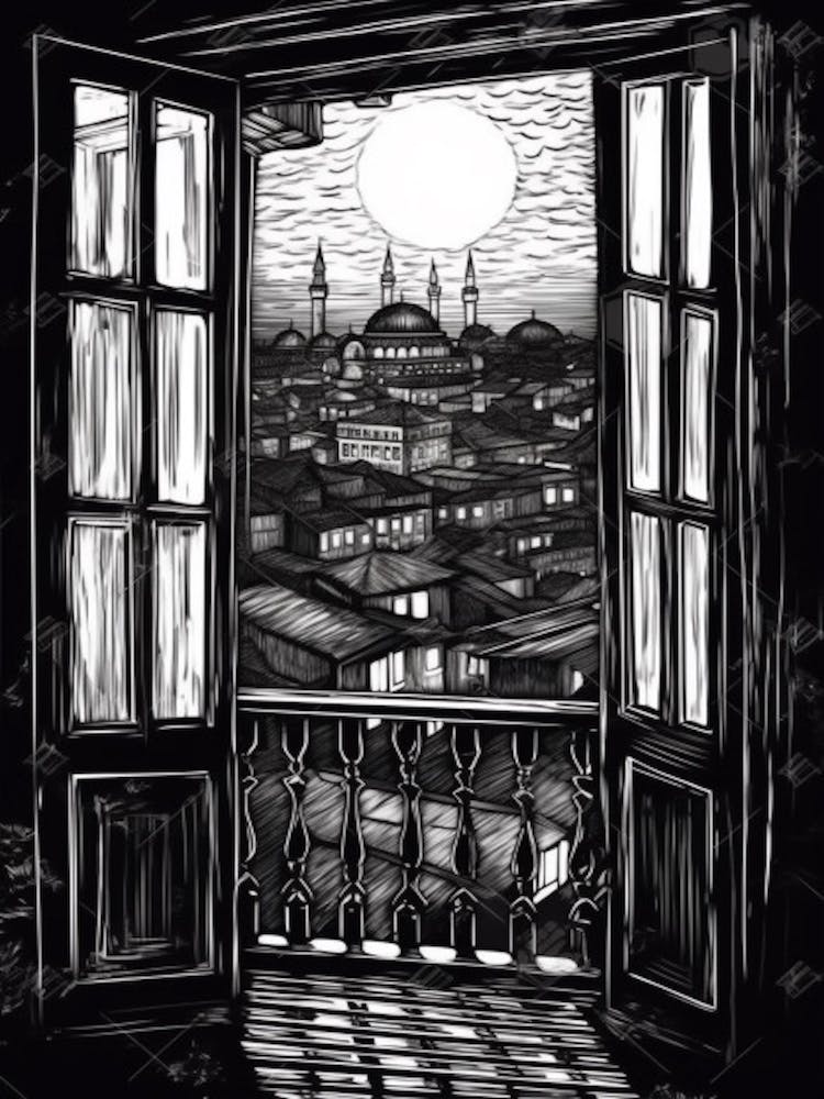 A Window View Of Istanbul In The Style Of Black And White  Line Art 4