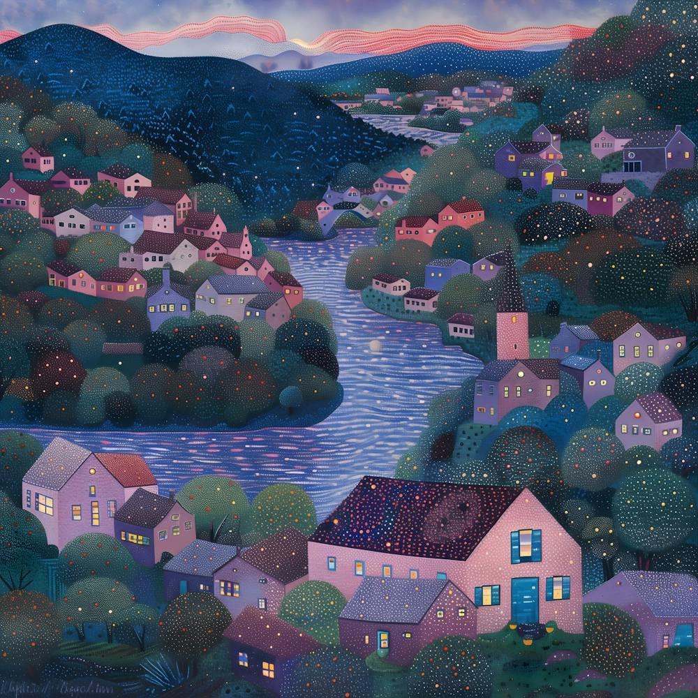 Riverside At Night, Tiny Dots, Pointillism