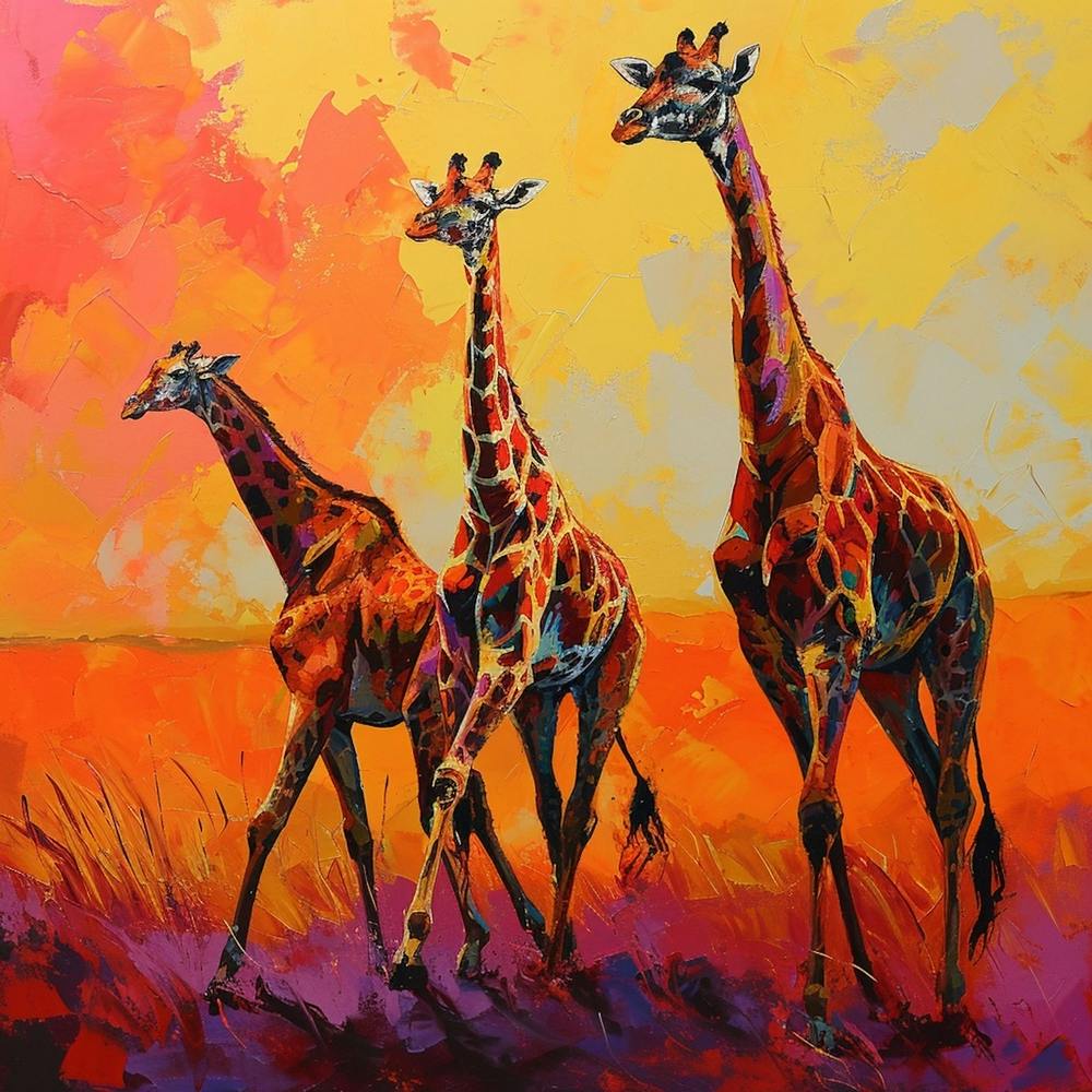 Giraffes In The Sunset Warm Brushstrokes 2