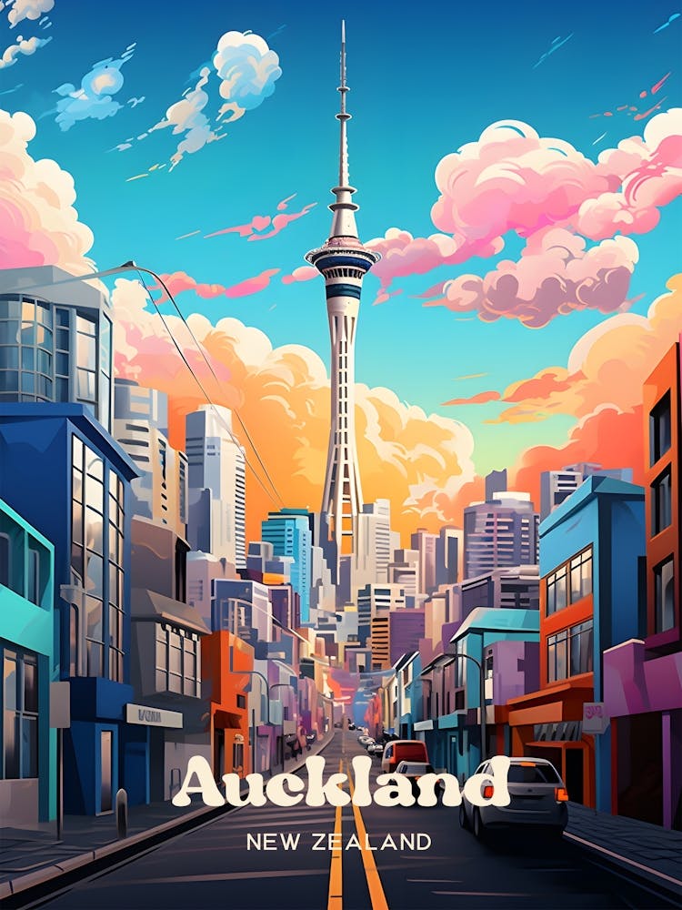 Auckland New Zealand Cityscape Travel Illustration
